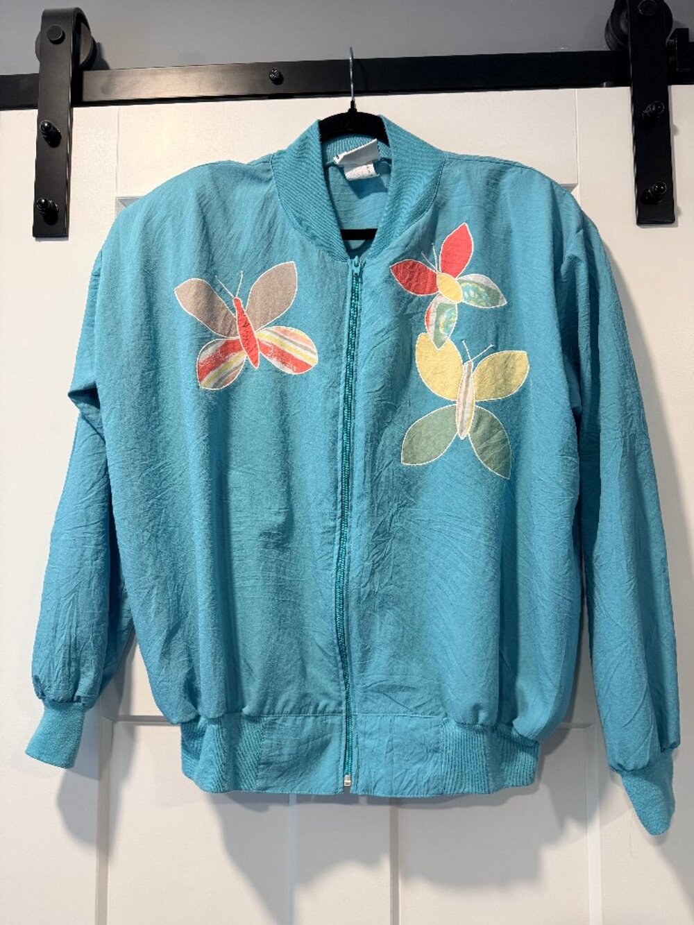 Vintage Cortiva Butterfly Applique Teal Zip Front Windbreaker Jacket Size Medium